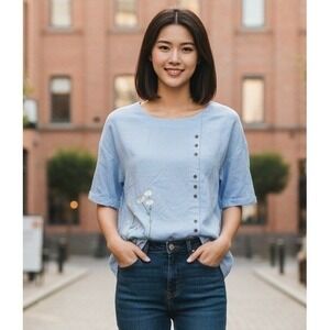 Hawalili Top Womens 2XL‎ Blue Floral Button Short Sleeve Summer Cottagecore Boho